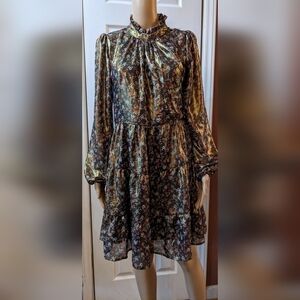 Trixxi clothing company Boho Floral Metallic Dress Long Sleeve Ruffle Neck TTF